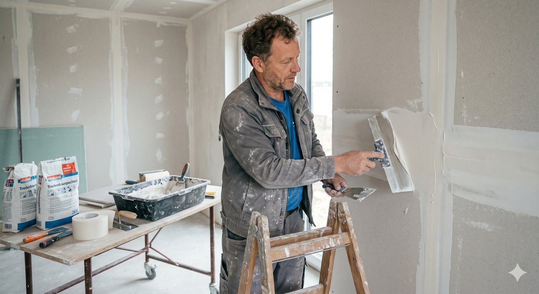 Gespachtelte und geschliffene Trockenbauwand